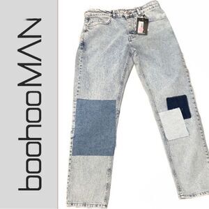 boohoo MAN Men’s Straight Leg Patchwork Jean ICE BLUE  - Size 32‎